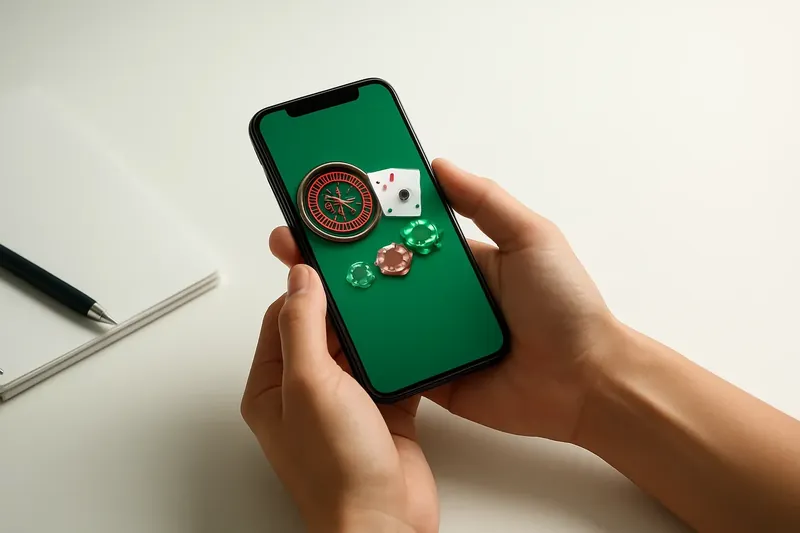 Hands holding phone with casino app above white desk