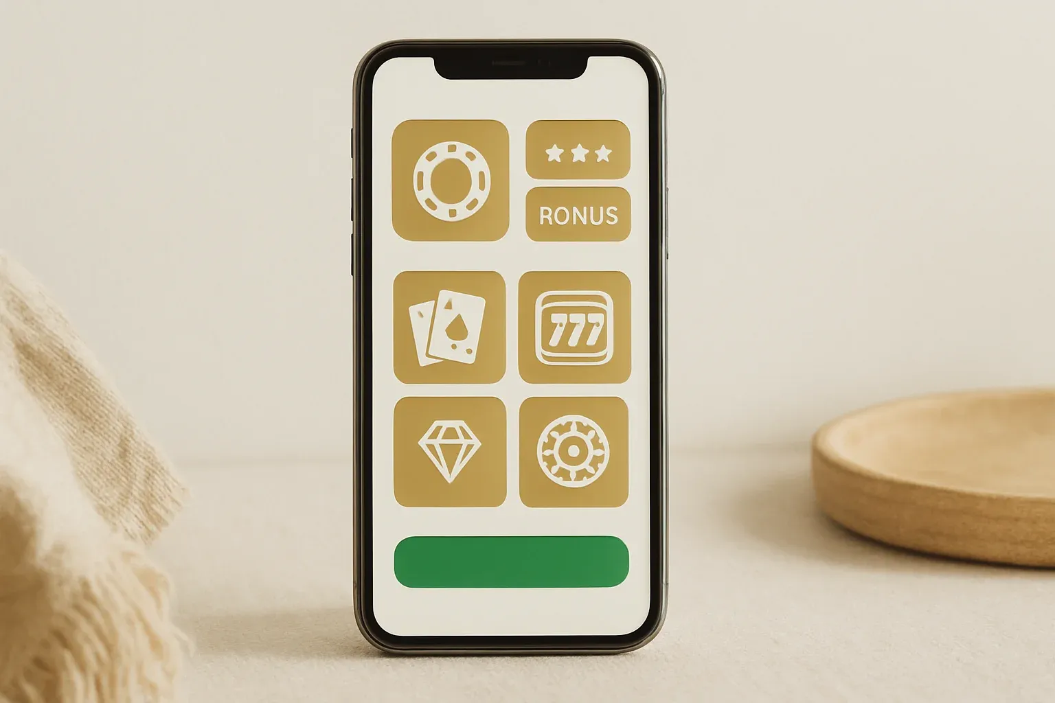 Casino App Interface Modern smartphone displaying sleek casino app with games and bonuses