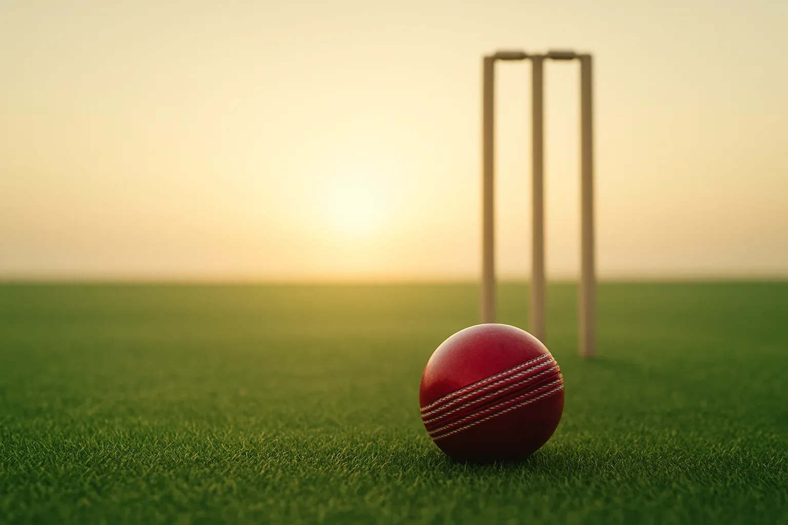 Red cricket ball on mown pitch grass with stumps at dusk