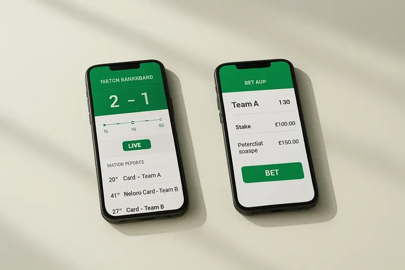 Two smartphones showing match dashboard and bet slip on cream surface