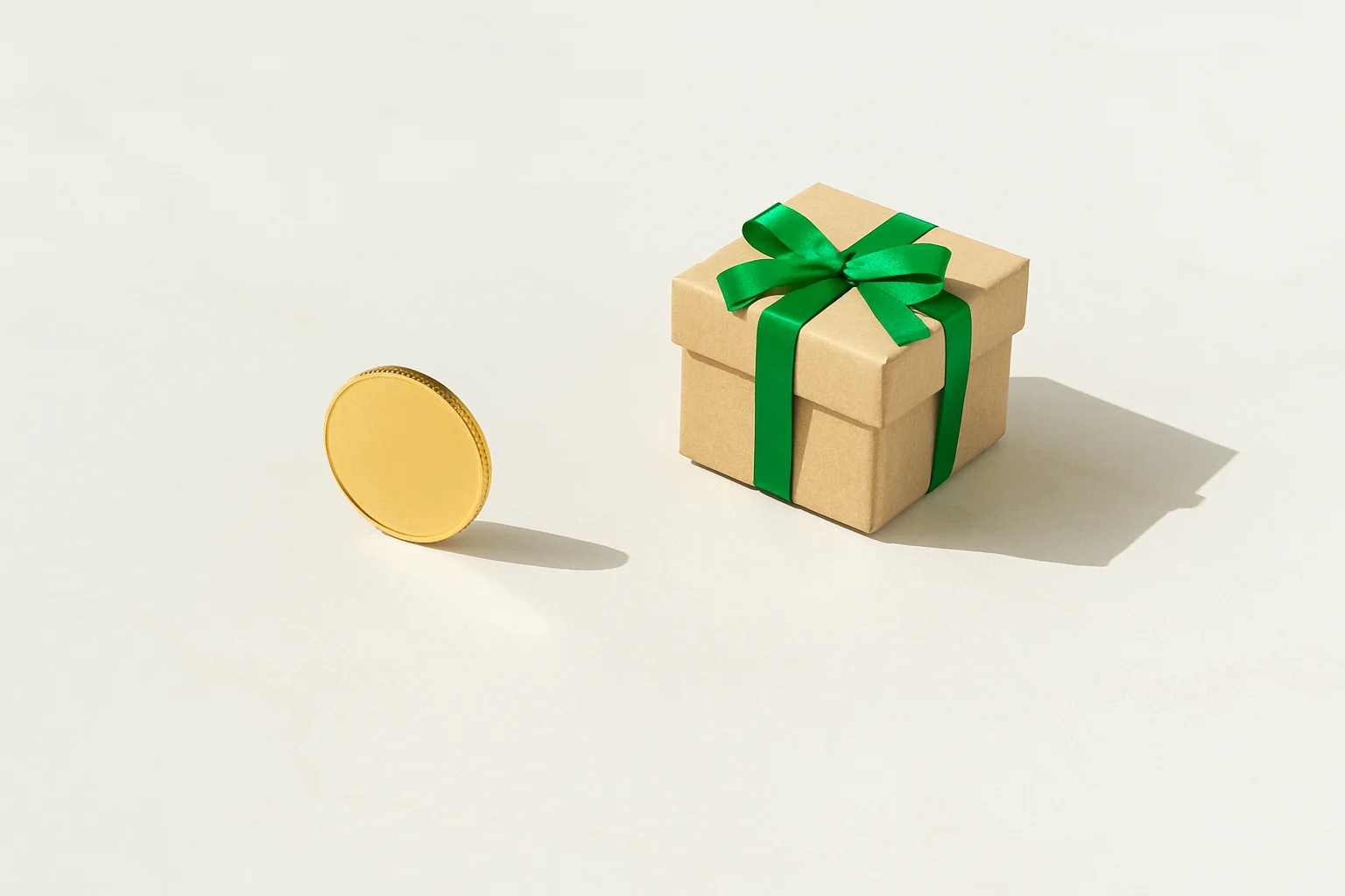 Single gold coin beside small unwrapped gift box on marble surface
