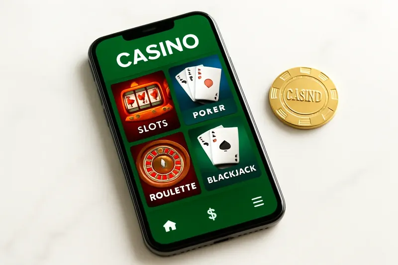 Smartphone on white marble showing colorful casino game lobby