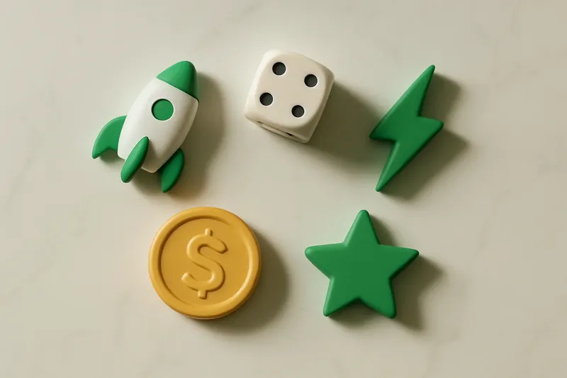 Five 3D instant game symbols on white marble flat lay