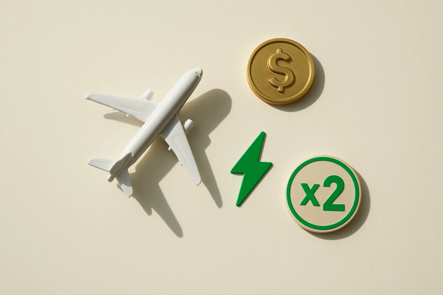 Instant Games Flat Lay Overhead flat lay with airplane figurine, gold coin, lightning token, multiplier badge