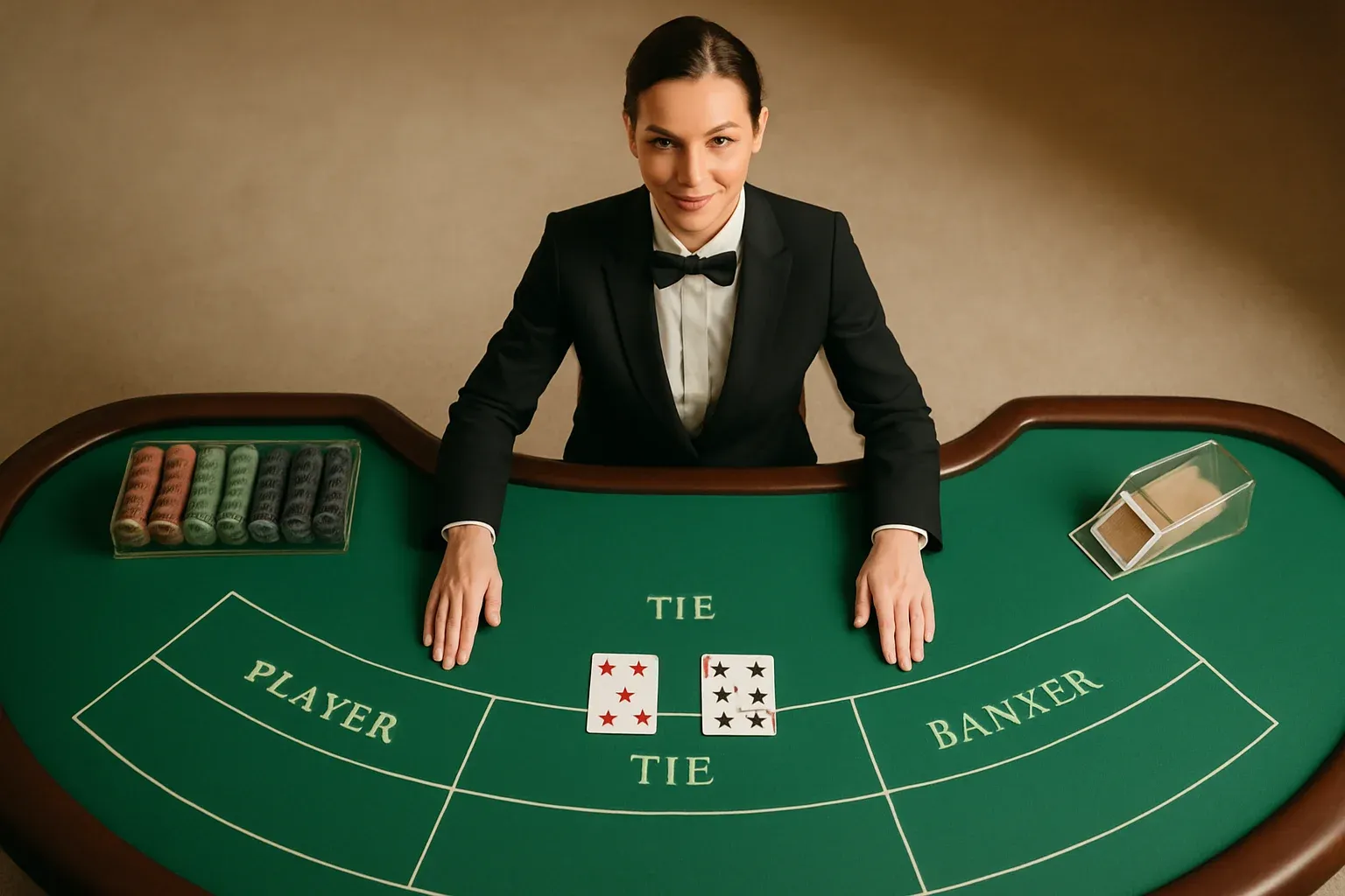 Live Dealer Baccarat Professional female dealer at elegant baccarat table in real casino atmosphere