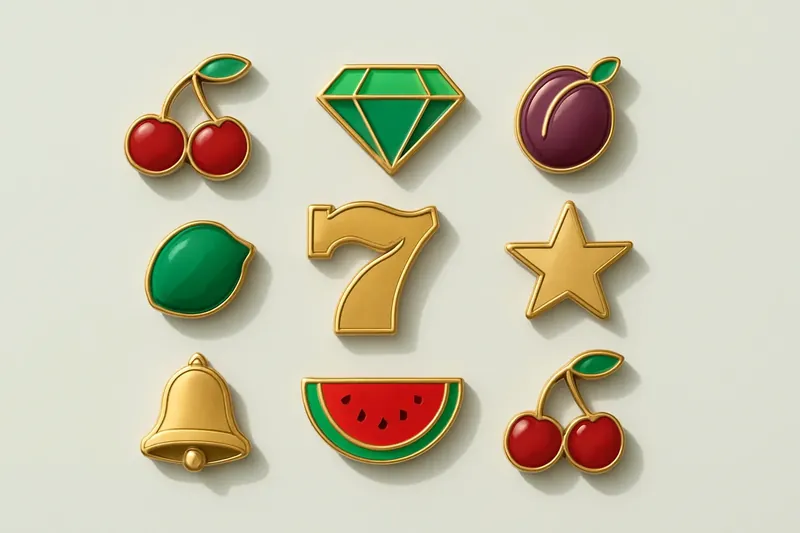 Assorted casino slot icons with fruit, diamonds, lucky sevens, and stars