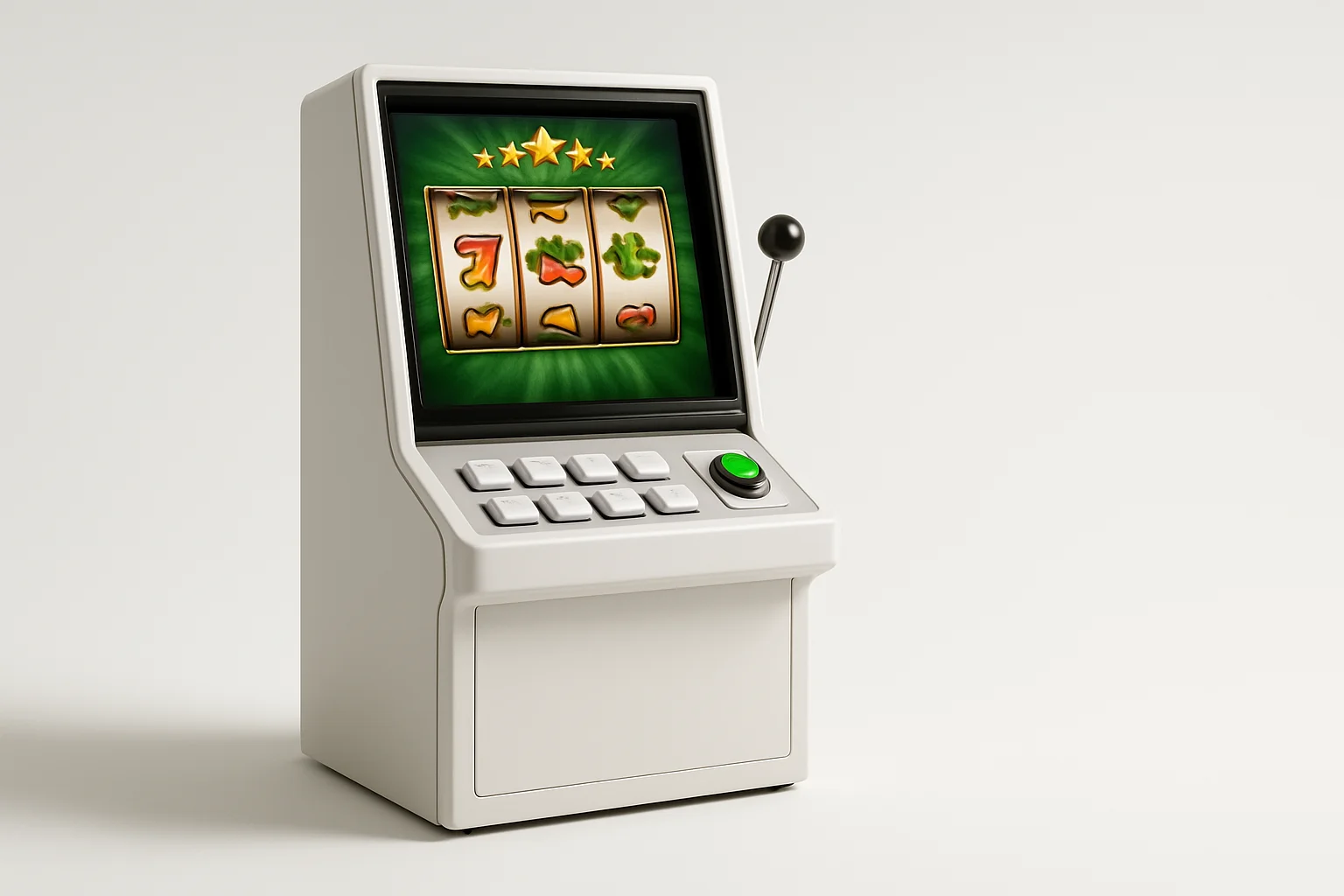 White studio shot of slot machine terminal with vibrant game screen